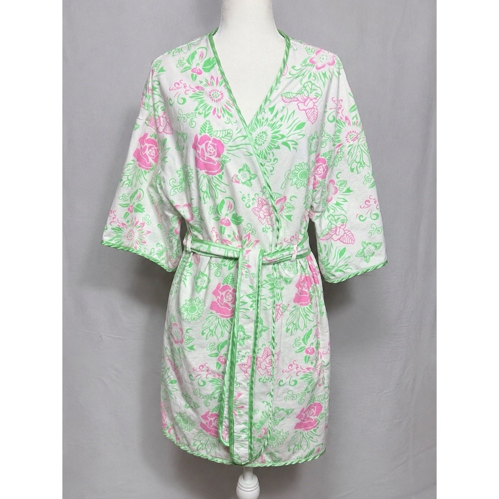 Cypress Floral Terry Cloth Robe Women M Pink Green Belted Cottagecore